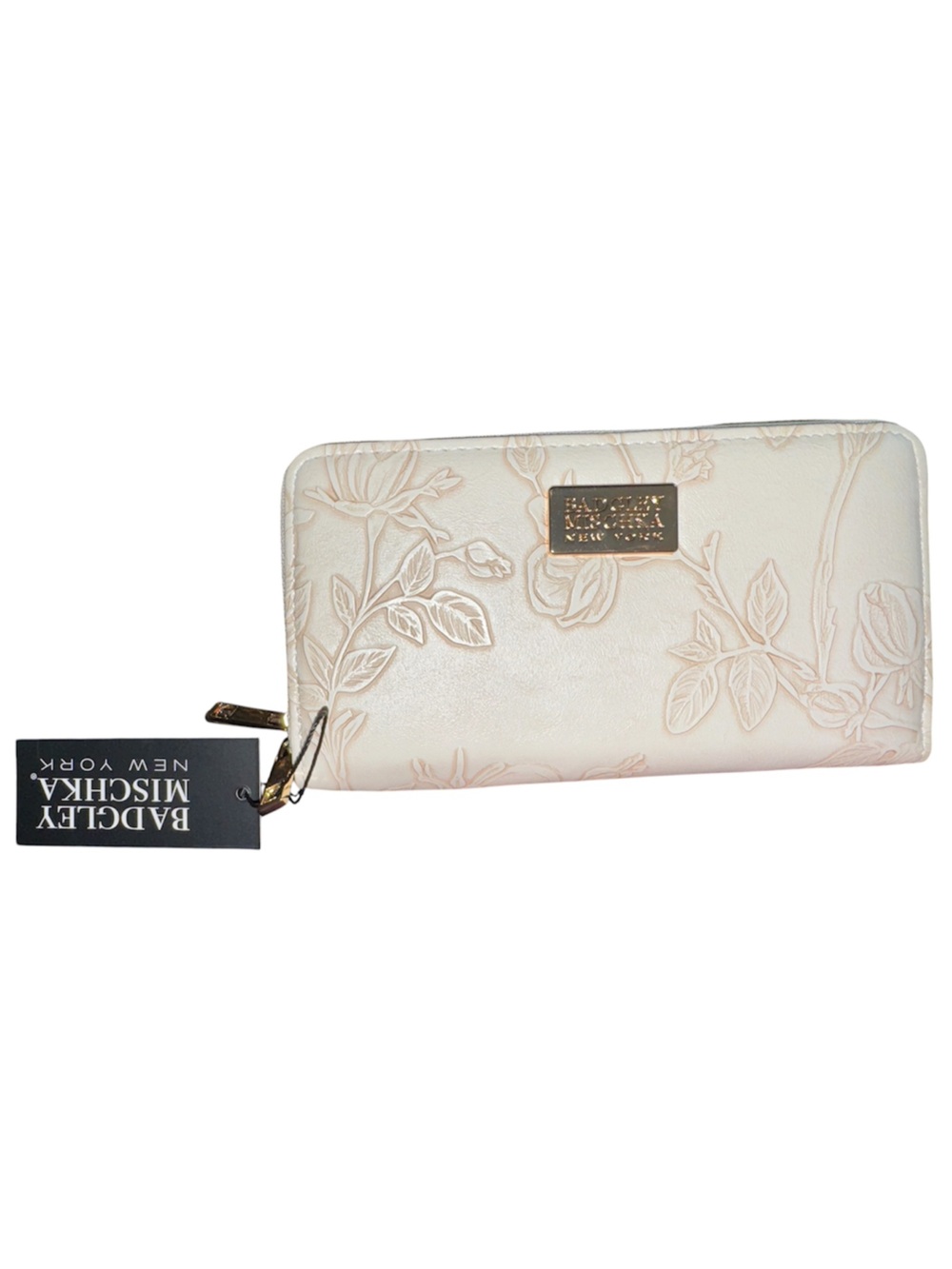 NWT Badgley Mischka Cream Embossed Floral Zip Wallet